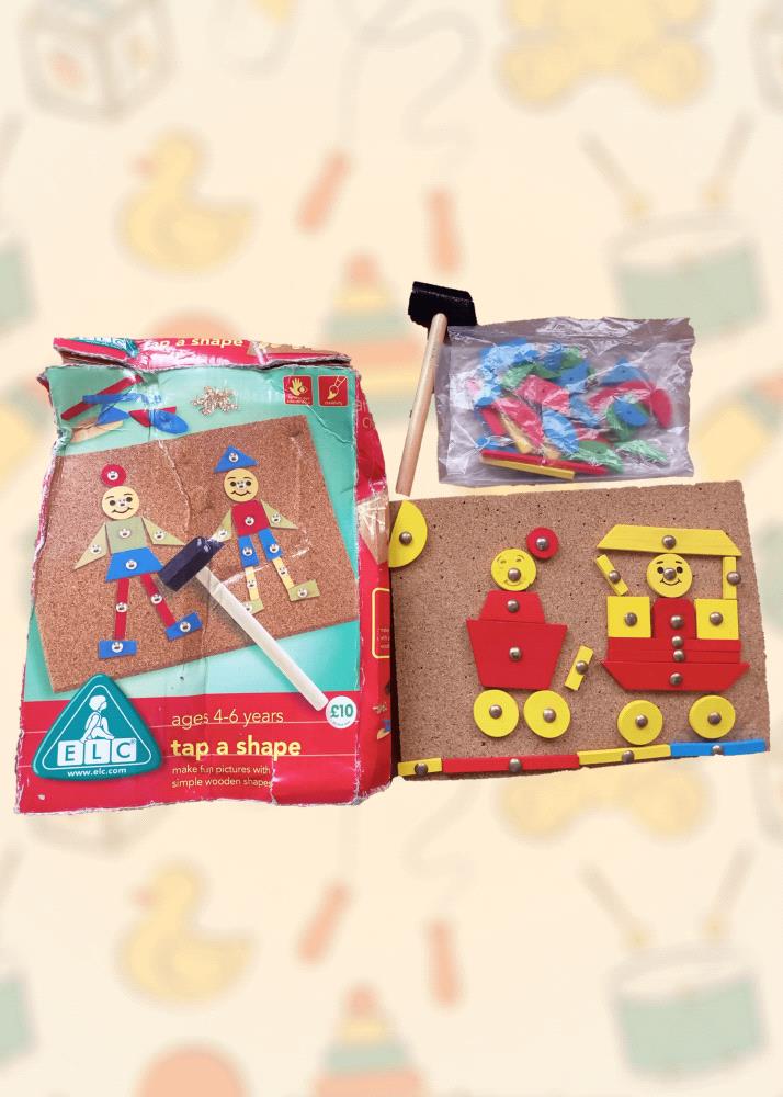 Spark your child creativity with this ELC Tap a Shape wooden shape toy! 

Designed for children ages 4-6, this classic toy encourages imaginative play and fine motor skills. Create adorable characters and fun scenes by tapping the colorful wooden shapes onto the cork board. 

This preloved set is complete and in excellent condition, ready to provide hours of entertainment for your little one.

Inspire your child imagination today!