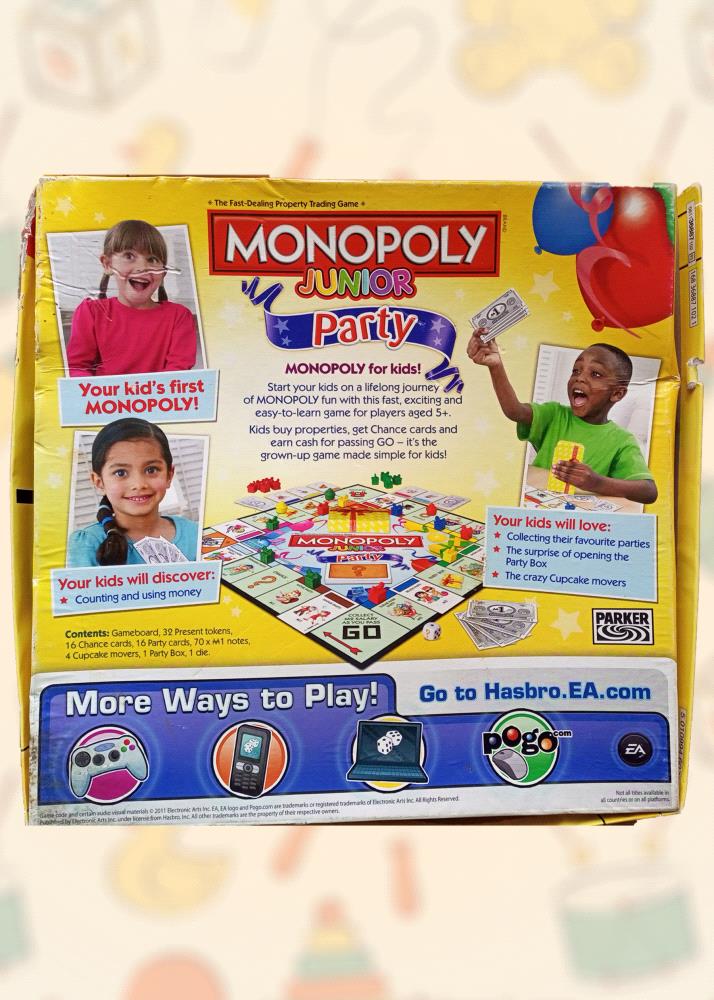 Introduce your child to the classic game of Monopoly with this pre-loved Monopoly Junior Party board game! Perfect for young learners, this fast-paced game is designed to teach children basic financial concepts in a fun and engaging way.

Key Features:

Age-appropriate: Recommended for children aged 5 and up.

Party-themed: Enjoy a fun and festive experience with party-themed properties and events.

Easy-to-learn: Simplified rules make it easy for kids to understand and play.

Complete set: Includes all the necessary pieces and components.

Excellent condition: This pre-loved game is in excellent condition and ready to be enjoyed.

Give your child a memorable gaming experience with this classic Monopoly Junior Party board game!