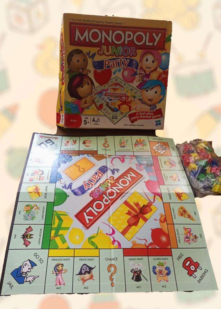 Introduce your child to the classic game of Monopoly with this pre-loved Monopoly Junior Party board game! Perfect for young learners, this fast-paced game is designed to teach children basic financial concepts in a fun and engaging way.

Key Features:

Age-appropriate: Recommended for children aged 5 and up.

Party-themed: Enjoy a fun and festive experience with party-themed properties and events.

Easy-to-learn: Simplified rules make it easy for kids to understand and play.

Complete set: Includes all the necessary pieces and components.

Excellent condition: This pre-loved game is in excellent condition and ready to be enjoyed.

Give your child a memorable gaming experience with this classic Monopoly Junior Party board game!