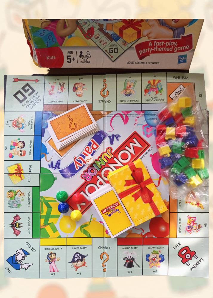 Introduce your child to the classic game of Monopoly with this pre-loved Monopoly Junior Party board game! Perfect for young learners, this fast-paced game is designed to teach children basic financial concepts in a fun and engaging way.

Key Features:

Age-appropriate: Recommended for children aged 5 and up.

Party-themed: Enjoy a fun and festive experience with party-themed properties and events.

Easy-to-learn: Simplified rules make it easy for kids to understand and play.

Complete set: Includes all the necessary pieces and components.

Excellent condition: This pre-loved game is in excellent condition and ready to be enjoyed.

Give your child a memorable gaming experience with this classic Monopoly Junior Party board game!