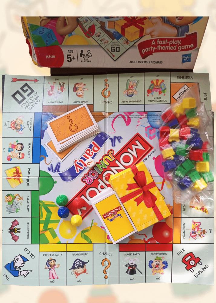 Introduce your child to the classic game of Monopoly with this pre-loved Monopoly Junior Party board game! Perfect for young learners, this fast-paced game is designed to teach children basic financial concepts in a fun and engaging way.

Key Features:

Age-appropriate: Recommended for children aged 5 and up.

Party-themed: Enjoy a fun and festive experience with party-themed properties and events.

Easy-to-learn: Simplified rules make it easy for kids to understand and play.

Complete set: Includes all the necessary pieces and components.

Excellent condition: This pre-loved game is in excellent condition and ready to be enjoyed.

Give your child a memorable gaming experience with this classic Monopoly Junior Party board game!