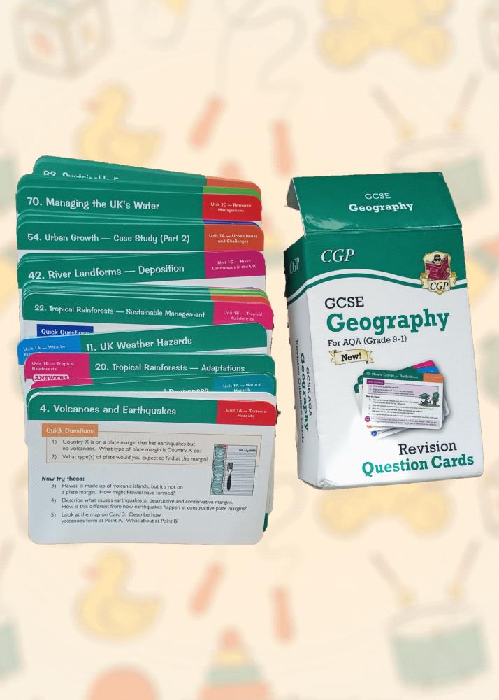 Looking for a fun and educational way to help your child prepare for the GCSE Geography exam? 

These revision cards are perfect! They cover the entire AQA syllabus and are in excellent condition. The cards are complete with all the questions and answers, making them a great resource for independent study. Help your child achieve their full potential with these high-quality revision materials.

Order now and give your child the edge they need to succeed in their GCSE Geography exam!