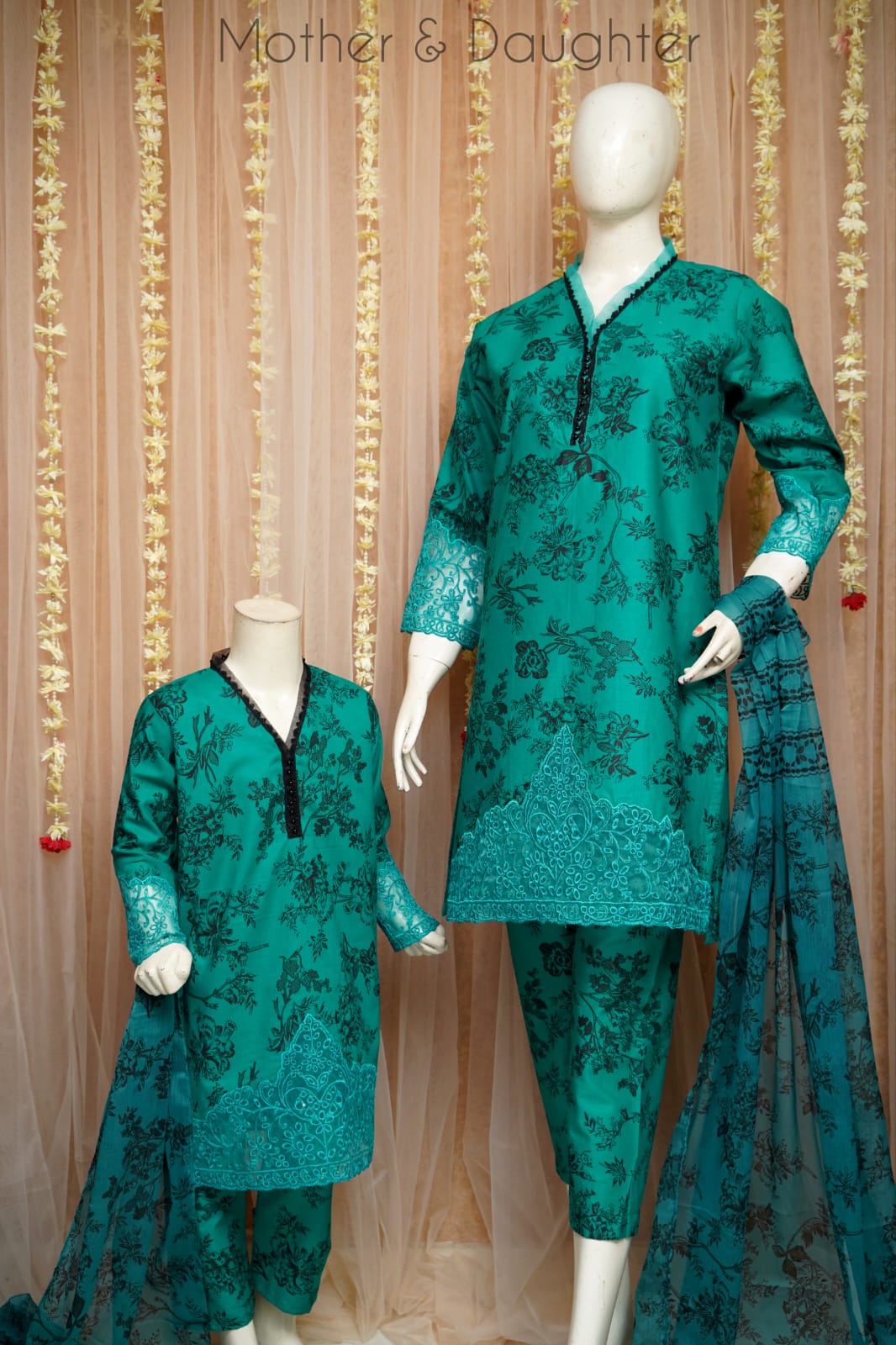 Celebrate Eid in style with this stunning Mother Daughter Matching Outfit! 

This beautiful 3-piece set features a printed cotton embroidered shirt and trouser for both mom and daughter, along with a flowy chiffon printed dupatta.

Size Daughter: 28, 30, 32, 34, 36 

Price: PKR 3100/-

Disclaimer:
Due to variations in screen settings and lighting, the colors of the actual product may vary slightly from what is pictured.