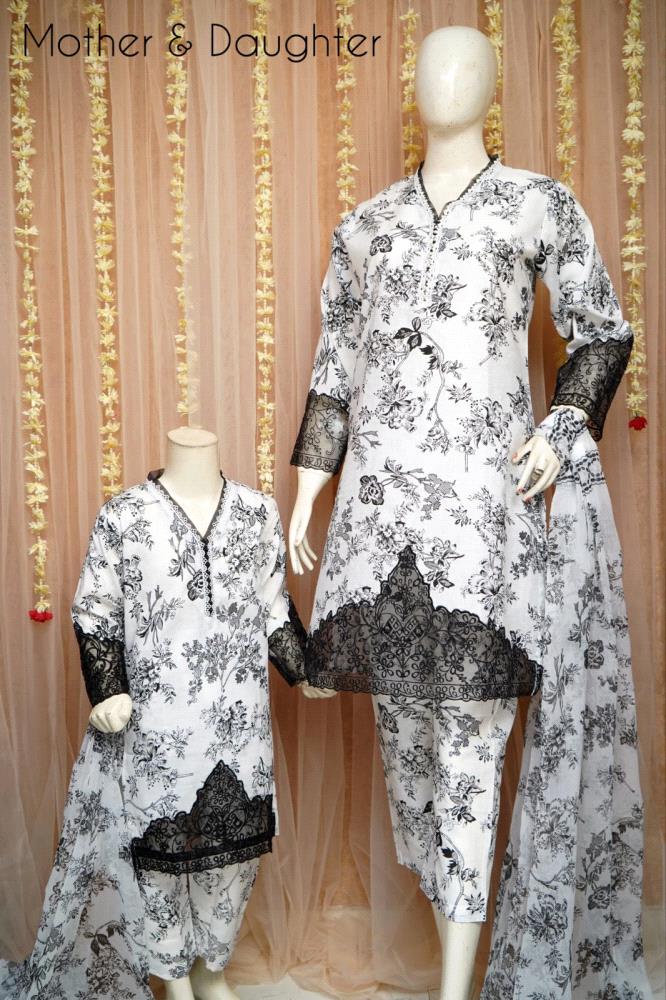 Celebrate Eid in style with this stunning Mother Daughter Matching Outfit! This beautiful 3-piece set features a printed cotton embroidered shirt and trouser for both mom and daughter, along with a flowy chiffon printed dupatta.

Size Daughter: 28, 30, 32, 34, 36 

Price: PKR 3100/-

Disclaimer:
Due to variations in screen settings and lighting, the colors of the actual product may vary slightly from what is pictured.